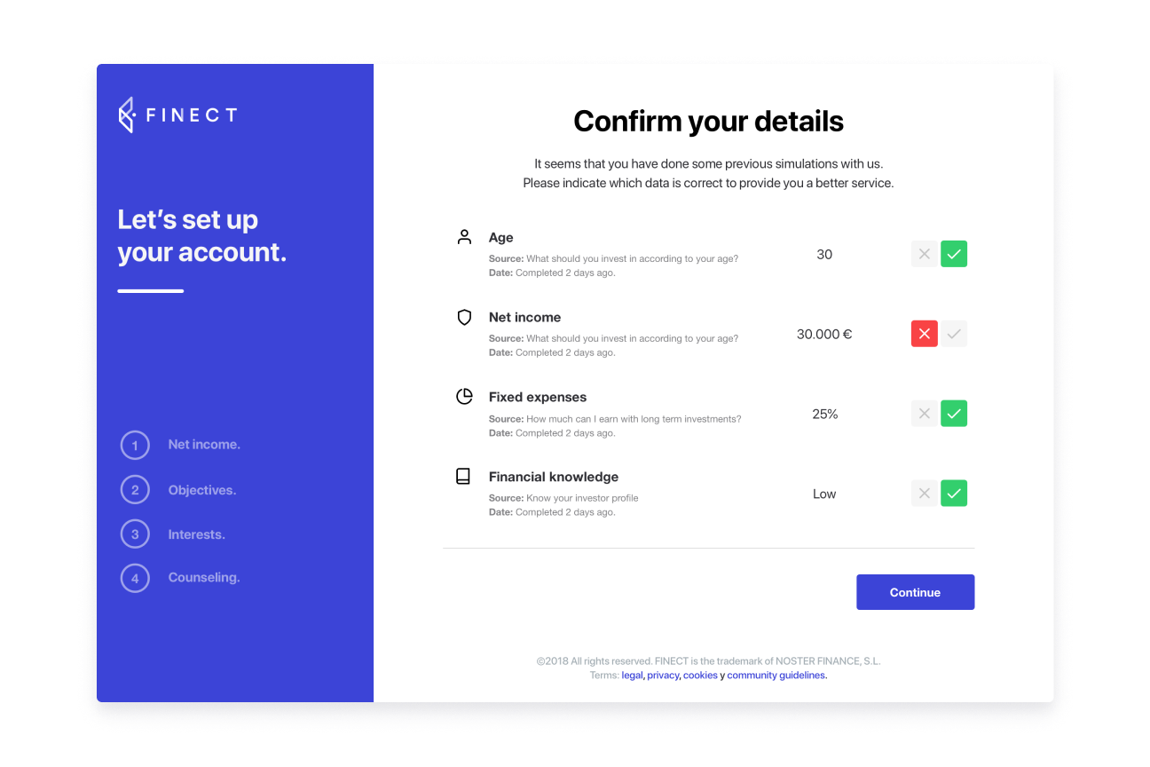 Finect platform. Account setup with profiling based on completed pills