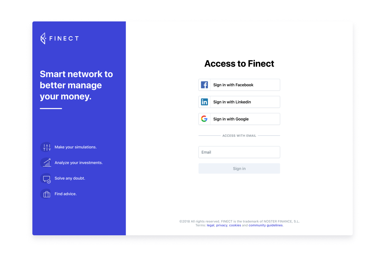 Finect platform. Account sign-up flow