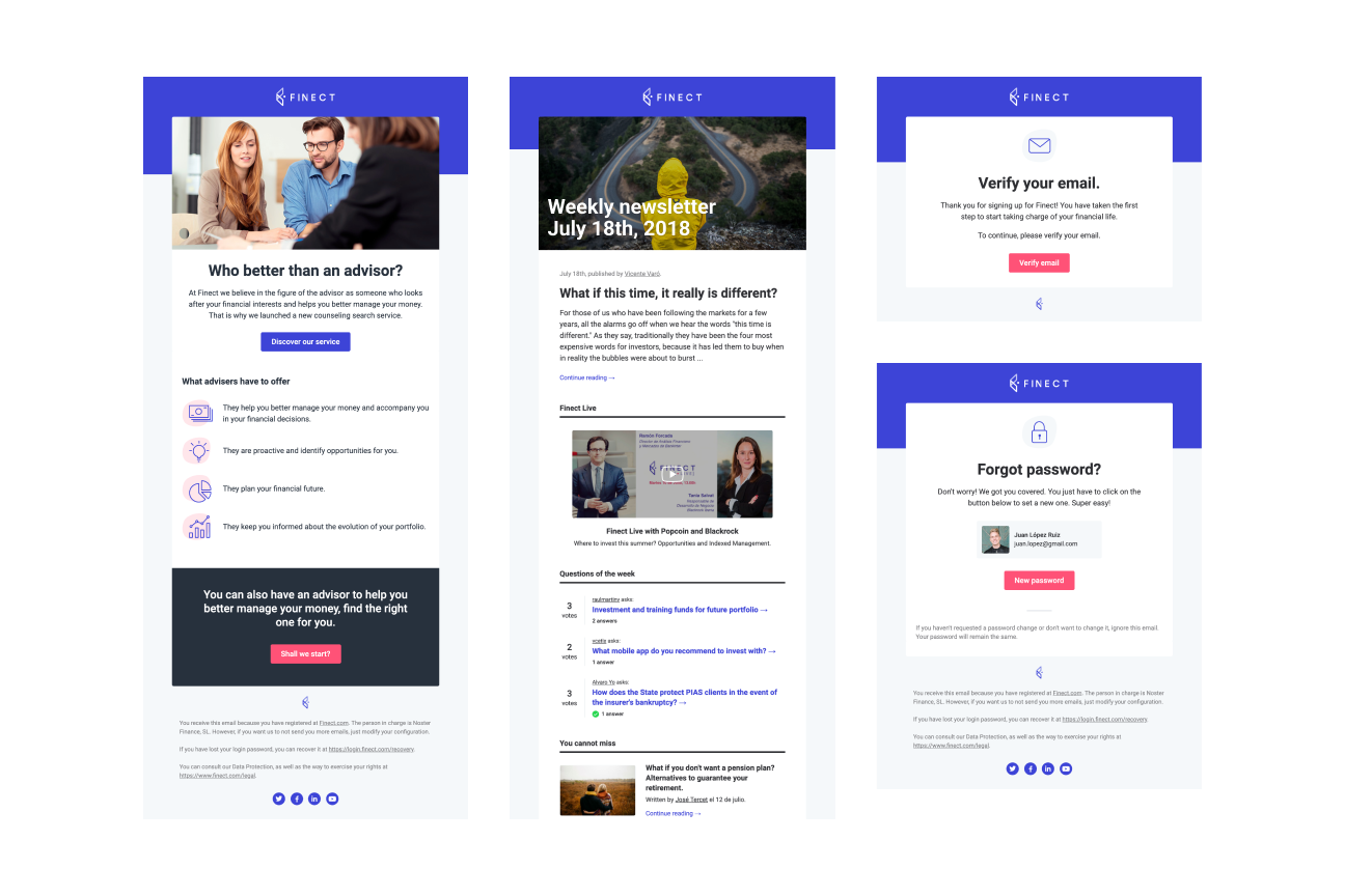 Finect emails. From adviser market promos and newsletters to verification and password reset