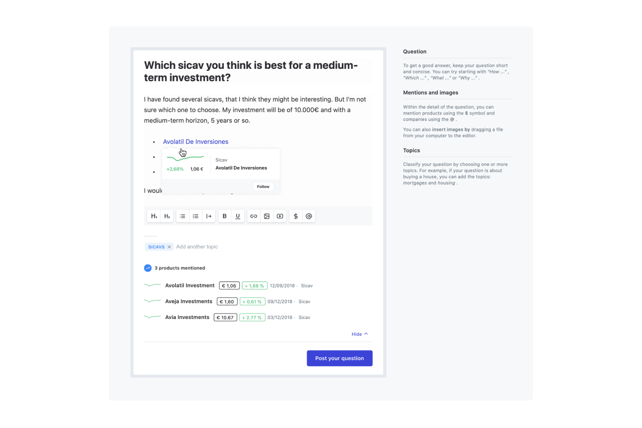 Questions project. Editor for creating new financial questions