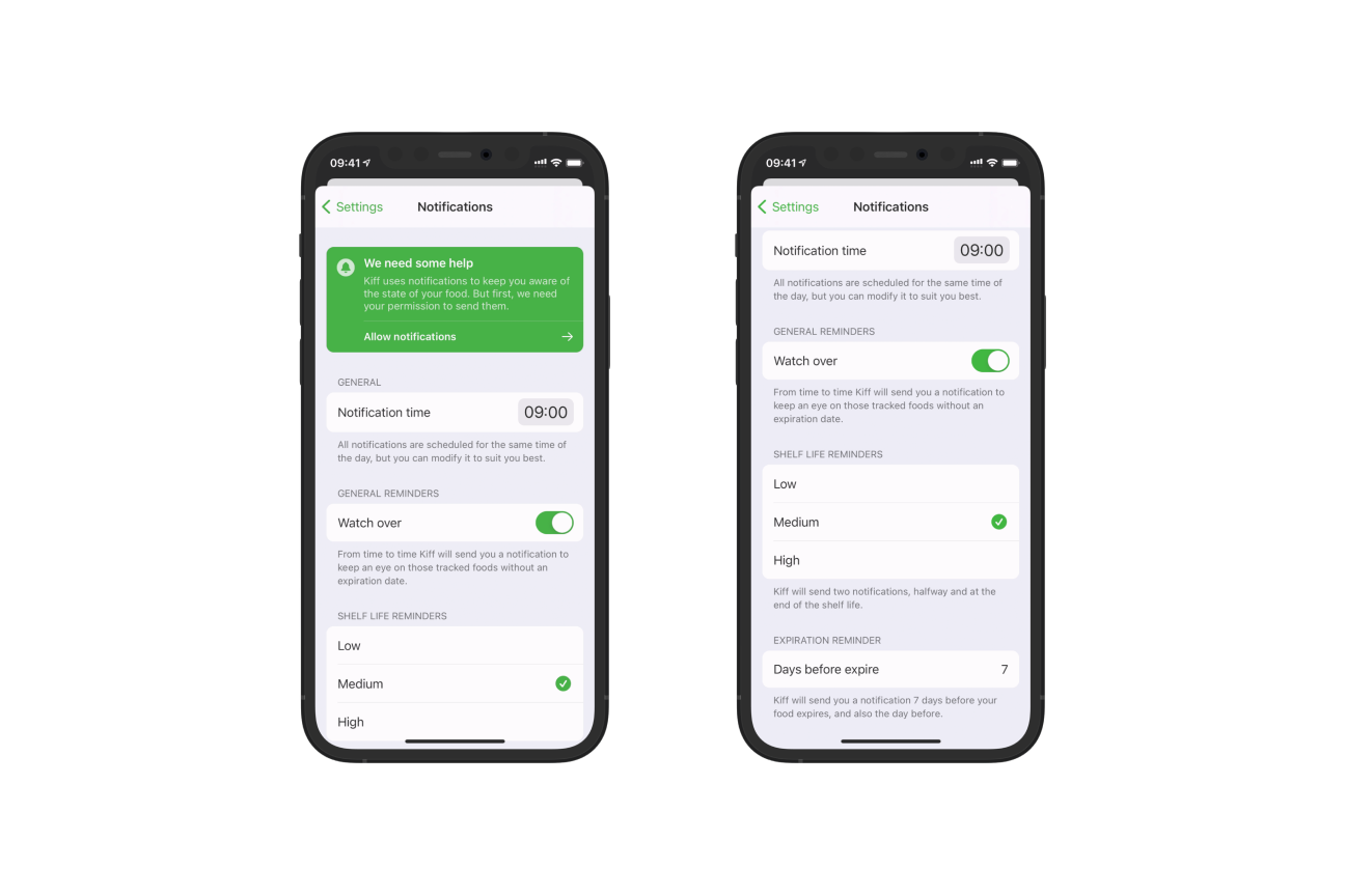 Notification settings: time, watch-over, shelf life, and expiration reminders