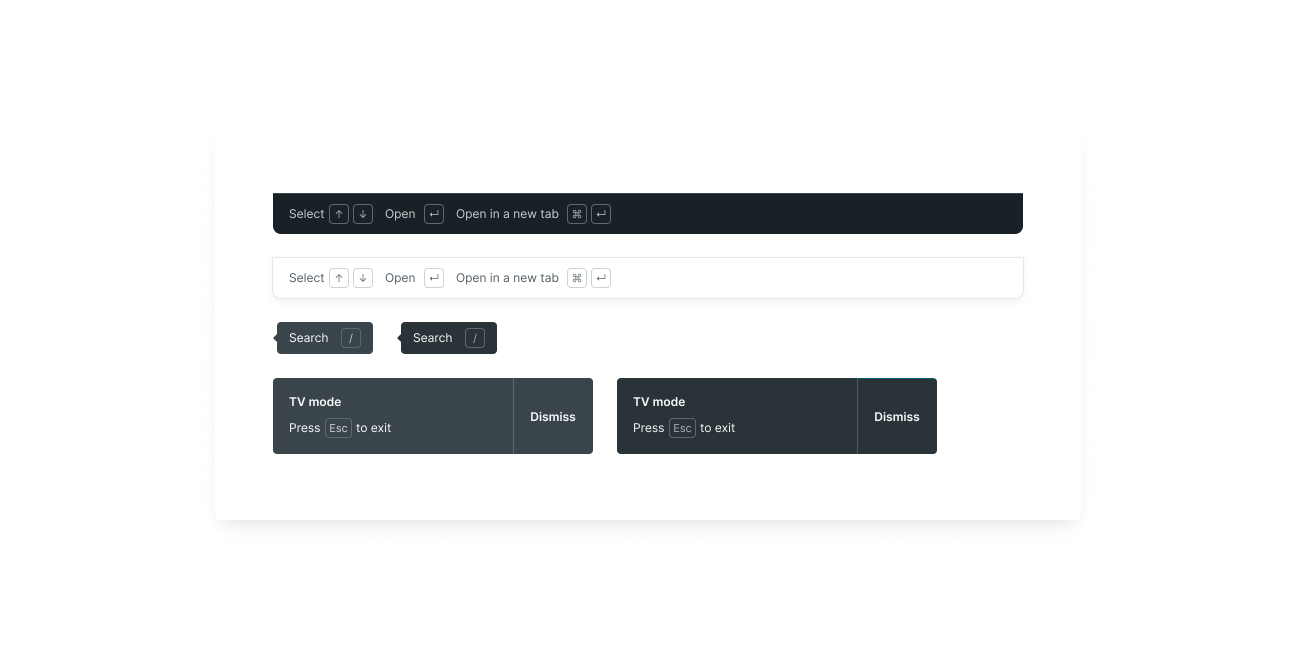 Keyboard shortcuts shown across components.